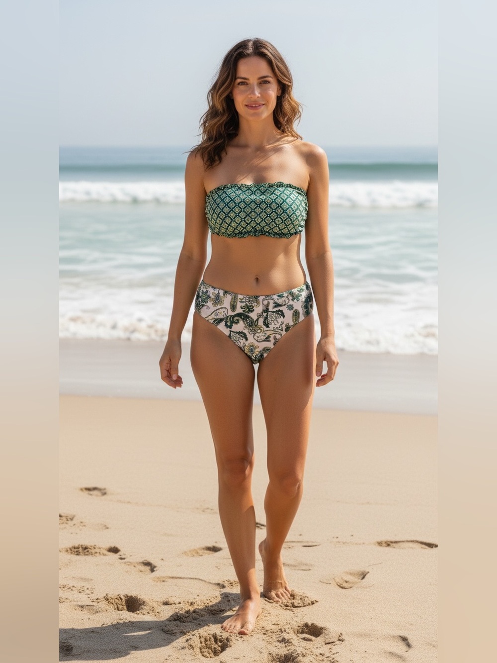Two-Piece Bandeau Bikini Set in Teal and Light Light Blue Paisley NWOT